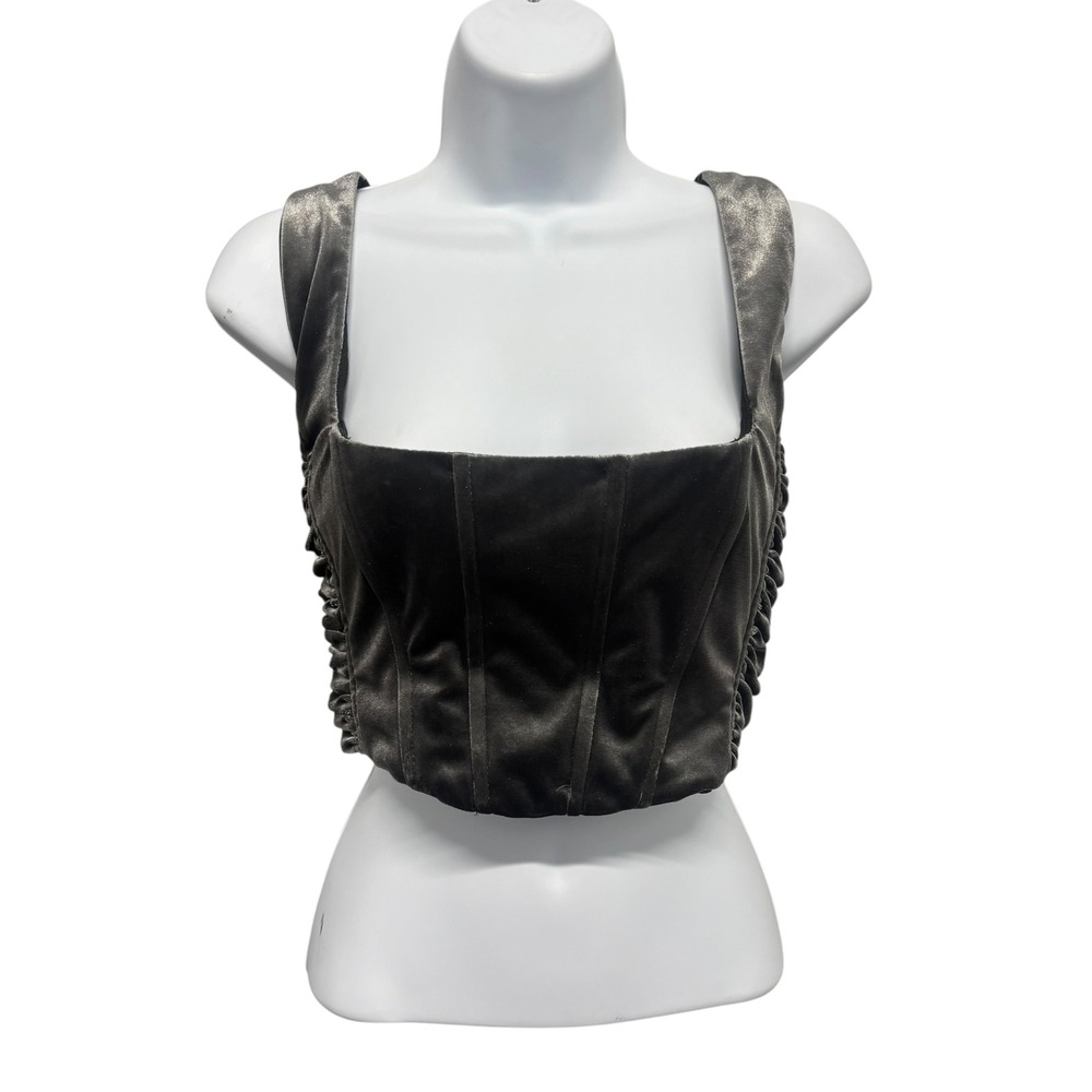 Zara Women Charcoal Gray Velvet Corset Crop Top Ruched Boning Square Neck M